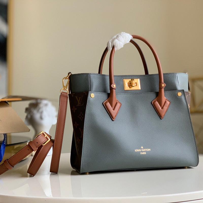 LV Handbags Tote Bags M56550 Full Skin Side Old Flower Grey Blue Combination Caramel